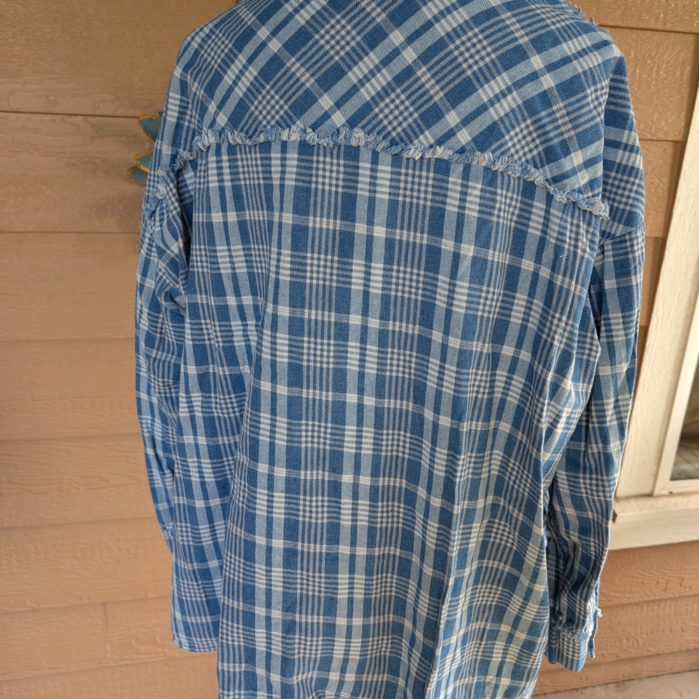 Peace Love World Lve Unites Us Blue and White Plaid Button Down Shirt - Picture 5 of 5